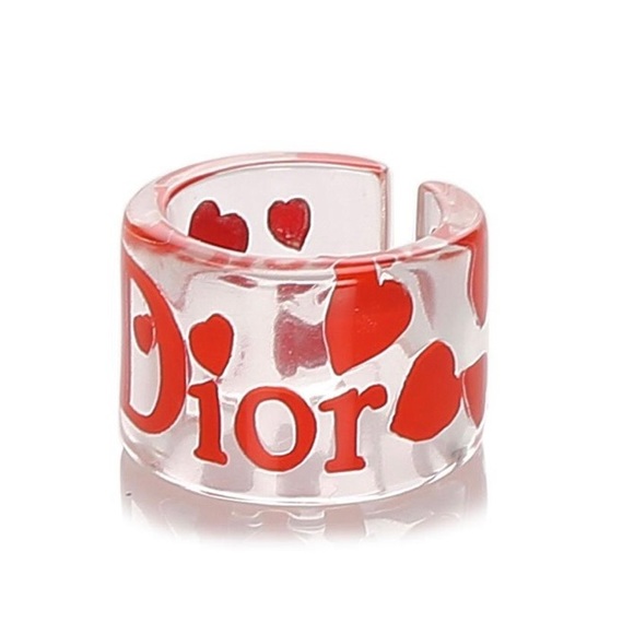 DIOR Lucite Ring Clear Red Hearts Acrylic w Tag & Pouch New Girly - Picture 5 of 12